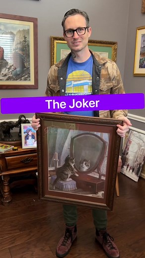 I painted The Joker into a thrift store print of a cat. #thejoker #joker #painting #batman #art #thrifting #thriftstorefinds #trusttheprocess