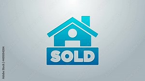 Blue line Hanging sign with text Sold icon isolated on grey background. Sold sticker. Sold signboard. 4K Video motion graphic animation