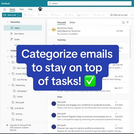 Categorize emails to stay on top of tasks. Important ❗️Review ⚠️ To Do ✅ . #ProductivityHacks #EmailHacks #worksmarthacks #outlook #outlooktips #officetips #microsoft