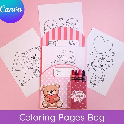 Valentines Day Coloring Pages Bag | Valentine's Day Gift | Canva Template | PDF | Instant Download - Etsy