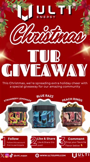 🎄 LAST CHANCE for the ULTIMate Christmas Giveaway! 🎄 Don’t miss out on that FREE Energy Tub from ULTi Energy! 🔥 Enter NOW: 👍 Follow @ulti_supps ❤️ Like this post 🔄 Share & tag a friend! 💬 Comment your Favorite Flavor! 😏 Winner will be ANNOUNCED TONIGHT AT 7pm EST.! Open for US & CA Residents ONLY! 🚀 #fyp #ChristmasGiveaway #EnergyTub #ULTIEnergy #HolidayVibes