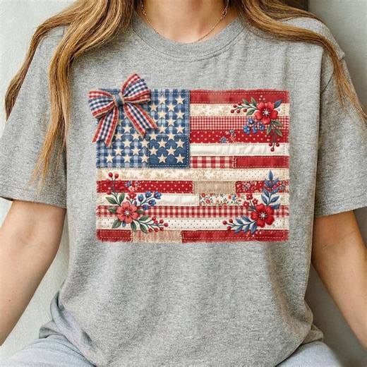 Faux Quilted American Flag PNG, Vintage Patchwork Patriotic Design, 4th of July Sublimation Graphic, Cottagecore USA Flag, Digital Download