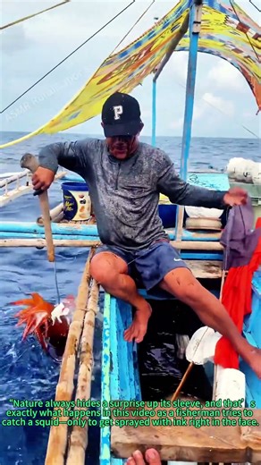 Fisherman Catches Squid: Sprayed with Ink in Face!