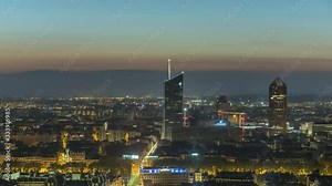Lyon panoramic view time lapse video from night do day waekening city france city lyon from above.