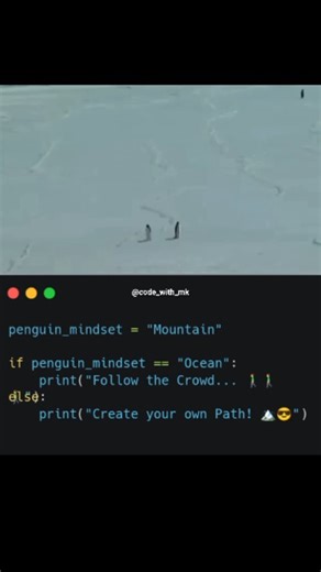 Muthukumar | Python & AI on Instagram: "எல்லாரும் Condition Satisfy பண்ணி if block குள்ள Safe-ah போறாங்க...ஆனா இவன் மட்டும் தான் else block-ஐ தைரியமா Run பண்றான்! ❤️🔥 ஒரு Programming-ல "இப்படித்தான் எழுதணும்"னு ஒரு Rule/Syntax இருக்கு.அந்த வரிசையில போற Penguins பாக்க அந்த Rules மாதிரியே நேரா போறாங்க. ஆனா, "எது தேவை?"னு யோசிச்சு முடிவெடுக்குறதுதான் Logic🚀🔥அந்த Penguin (Rules) Syntax பாக்கல, தனக்கு என்ன வேணும்னு யோசிச்சு Logic Route-ah மாத்துது. கூட்டத்தோட போறவங்க வெறும் Code without Errors (Sy