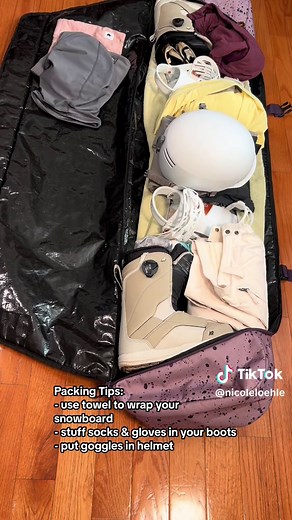 Follow these tips when you are packing your snowboard bag to protect your board, goggles, and to save space! My @Burton Snowboards board bag is packed and ready to go! Cant wait for this trip to Colorado🏂🏔️🎉 #snowboarding #snowboardtiktok #snowboardtrip #skitok #snowboardinggear #snowboardinggirl #CapCut