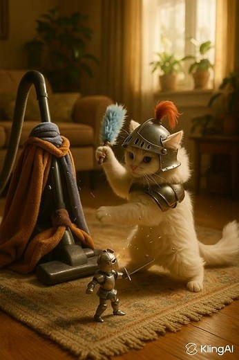 “The Fluffy Knight vs. Tiny Robot Menace ⚔️😼🤖”
