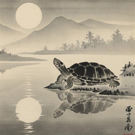 Serene Turtle Moon Reflection Printable Art | Japanese Zen Ink Wash Painting | Japandi Minimalist Decor | 11x14 Instant Download - Etsy