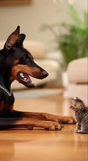 Doberman Barks at Kitten… Until Mom Cat Shows Up 😳🐾