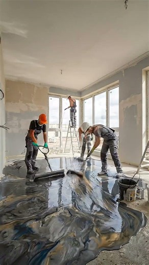 Dusty Living Room Turned Into Luxury Marble Epoxy Floor✨#renovation #construction #diy