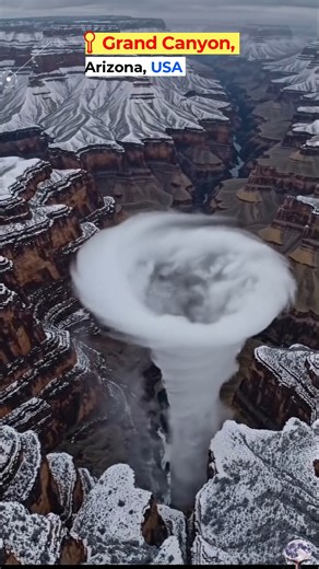 📍 Grand Canyon, Arizona, USA Cold air settled deep in the canyon overnight while slightly warmer, moist air moved above it. When the layers mixed, vapor condensed into a spinning fog vortex that looks like a giant white tornado rising from the depths. It’s not a twister ... it’s a rare cold-air pool fog swirl, shaped by temperature inversion, canyon walls, and shifting winds. For a few moments, the Grand Canyon acts like a natural sky chimney, with clouds rising and spilling upward instead of d