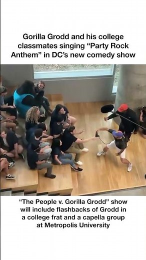Gorilla Grodd and his classmates singing Party Rock Anthem on the set of The People v Gorilla Grodd
