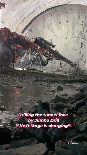 Drill and blast method involves drilling holes in tunnel face, loading with explosives & blasting.
