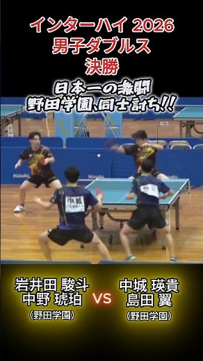 【インターハイ卓球2026】野田学園、同士討ち!!日本一の激闘の結果は?! 岩井田駿斗・中野琥珀（野田学園）vs中城瑛貴・島田翼（野田学園） 男子ダブルス決勝 #卓球 #インターハイ