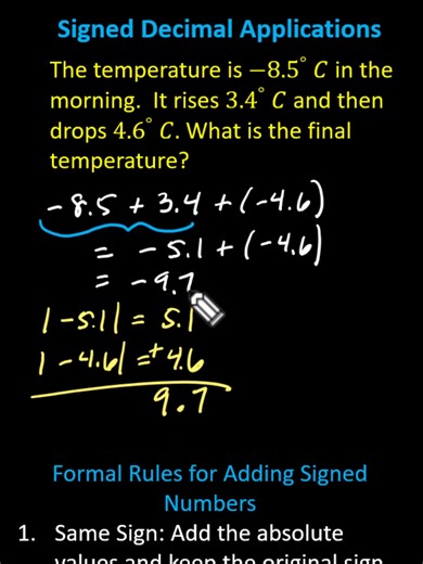 Application: Add Signed Decimals to Find an Ending Temperature (7NSA3) This video explains how to add decimals to solve application problem. https://mathispower4u.com #7NSA3, #add, #plus, #sum, #temperature, #signed, #decimals, #formal, #rules, #temperature, #application, #james, #sousa, #mathispower4u, #7th, #grade, #common, #core, #math, #maths
