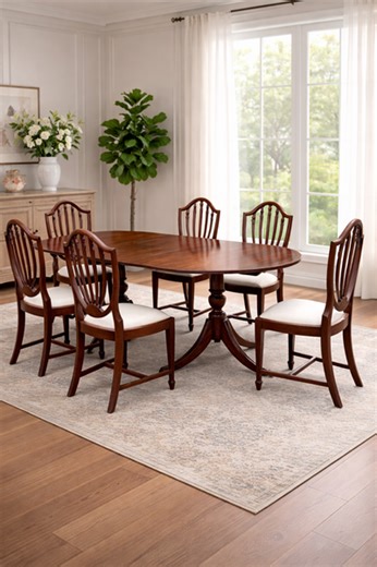 Edwardian (1900–1915) Mahogany Twin Pedestal Extending Dining Table & 6 Shield Back Chairs | Vinterior