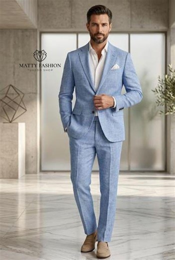 Light Blue Linen Suit for Men | Slim Fit Summer Wedding Blazer | Men's Sky Blue Sport Coat | Beach Wedding Groom Outfit