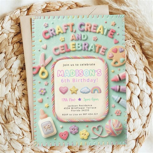 Craft, Create and Celebrate Party Invitation Arts and Crafts Girls Pastel Invitation Template - Etsy