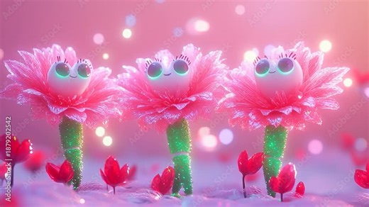 Happy flower characters with arms, legs, and eyes, dancing joyfully to welcome the beginning of spring.