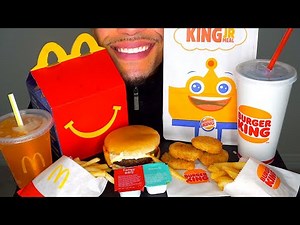 MCDONALD'S VS BURGER KING KIDS MEALS TOYS CHICKEN NUGGETS CHEESEBURGER HAPPY MEAL EATING SHOW JERRY
