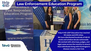 #Help4HD has reached all 50 states & 470 cities, providing them with #LEEP materials. We launched our "Someone in this House is Living with #HD" window decal program to complement our "Someone with HD is Onboard" car window decal program. We exhibited at the Ohio State Chief of #Police Annual Conference, the Crisis Intervention Teams International event, & led a session at the Co-Responders International Conference. Additionally, we continue to conduct local #LawEnforcement & Crisis Intervention