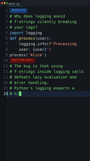 This Fails Every Interview: Why does logging avoid f-strings silently breaking your lo