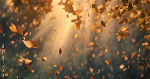Abstract, art and glow with autumn leaves flying in fall with forest in nature for ecology with shine. Wind, green and natural for plant growth or lens flare with beautiful for fallen leaf in Germany