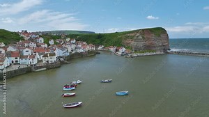 Staithes Village from a drone, North Yorkshire, England