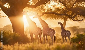 Giraffe Feeding: Capture a giraffe using its long neck to reach up and delicately pull leaves from a tall tree.