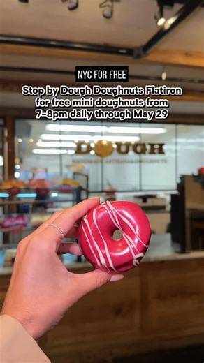 Stop by Dough Doughnuts Flatiron for free mini doughnuts from 7-8pm daily through May 29 🍩 @DoughDoughnuts is celebrating new extended hours in Flatiron with free doughnuts samplings every day! Try a free “mini” doughnut (flavors may vary by day) *they were actually pretty big when I went, especially since their regular doughnuts are huge and enjoy 2-for-1 pricing on regular sized doughnuts! Share with someone who loves doughnuts! 📍 14 W 19th St 🗓️ Daily through May 29 ⏰ 7 - 8pm #nycforfree #