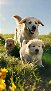 Big Dog Runs with His Puppies in the Field 🐶🌾💞 #Shorts