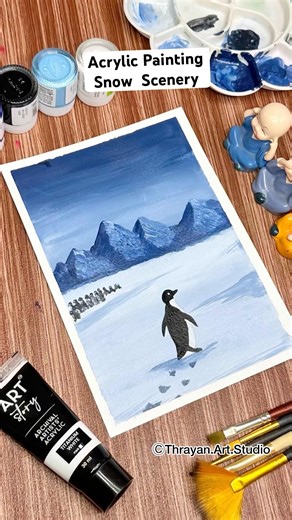 Easy Acrylic Penguin Painting for Beginners ❄️ Viral Lonely Penguin🐧 #acrylicpainting #snow #shorts