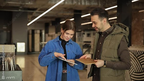 A young European couple chooses ceramic tiles from samples in a ceramic tile store.