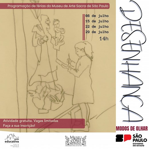 O Núcleo de Ação Educativa do MAS-SP apresenta a nova edição do programa de férias “Desenhança: Modos de Olhar”. A cada sábado, nosso time de educadores vai propor a observação através de conceitos poéticos que pretendem estabelecer novas relações entre o público, o Museu e seu acervo, criando um diário de bordo imagético único e pessoal. Não é necessário nenhum conhecimento técnico em desenho, só a vontade basta! | MAS SP - Museu de Arte Sacra de São Paulo