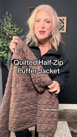 This is that perfect in-between jacket. The quilted puffer half-zip pullover is lightweight, cozy, and easy to throw on for everyday wear. I love it for fall days, school drop-off, errands, or casual weekends. Warm without feeling bulky and roomy enough to layer underneath. #affordablefashion #quiltedjacket #pullover #cozyvibes #winterfashion