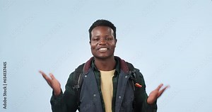 Studio smile, hiking black man and point at trekking destination choice, brand promo deal or workout offer decision. Scale balance, portrait and person show mockup space comparison on blue background