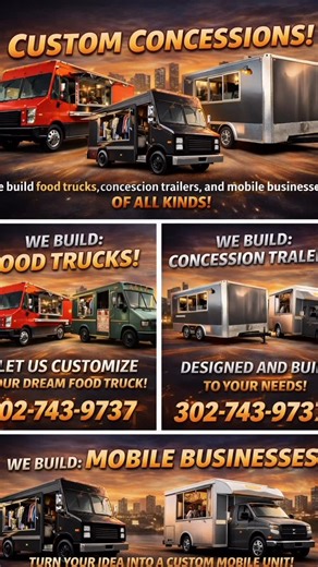 We build custom Food Trucks, concession Trailers, and mobile businesses too! Take your business to the next level, go mobile. Let us help you today! #foodtruck #concessions #builder #trailer #business | Custom Concessions