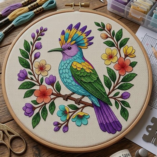 Colorful Bird Floral Cross Stitch Pattern, Vibrant Nature Embroidery Chart (PDF) - Etsy