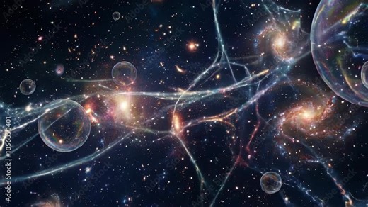 Cosmic nebulae and galaxies interconnected by shimmering cosmic strings with translucent bubbles floating in deep space