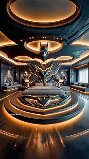 Inspiring Designs on Instagram: "We created an adult Batman themed bedroom! 🙌 This bedroom is full superhero mode. Giant bat themed headboard, moody glow lighting everywhere, and a bed that looks like it rolled straight out of a movie set. It’s equal parts sleek luxury and secret lair energy, with just enough drama to make bedtime feel epic. Honestly, if you’re going to sleep, you might as well do it in a room that says “main character.” Would you live with this every day, or is it too much? #i