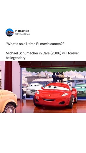 F1 Realities on Instagram: "Follow (us) @F1Realities for more! 🏎️🏁 Pixar’s 2006 animated film Cars, Michael Schumacher made a fun and unexpected cameo as the voice of a red Ferrari F430 inspired by himself, credited as “Michael Schumacher Ferrari.” His character appears in the film’s epilogue outside Luigi’s Casa Della Tires after Lightning McQueen recommends the shop. When Schumacher’s Ferrari rolls in, Luigi and Guido are so overwhelmed by seeing such a legendary race car that they immediate