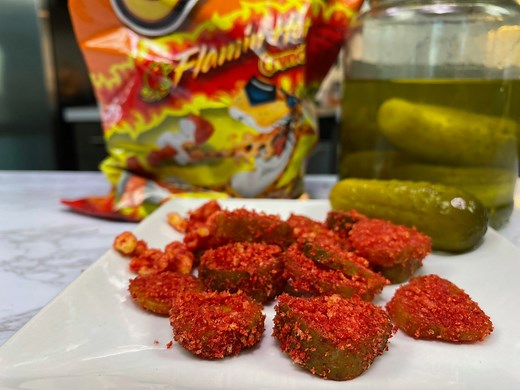 So easy to make! Pickles covered in Flamin' Hot Cheetos! It's a crazy treat! 😋🔥 | Definitely Not Gourmet