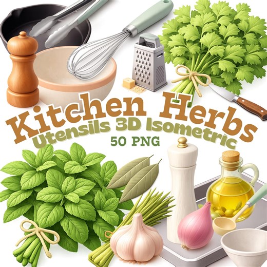 Kitchen Herbs & Utensils Clipart – 3D Isometric PNG Bundle for Cooking and Food Designs - Etsy