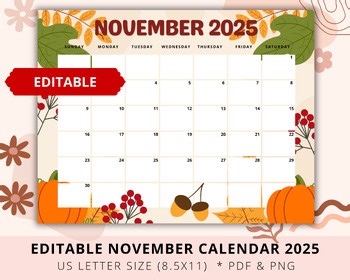 Editable November Calendar 2025, Teacher Calendar, Thanksgiving 2025 Calendar