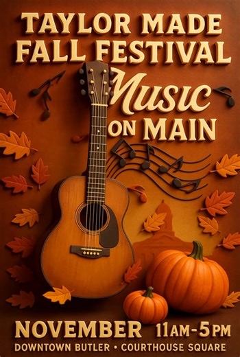 🎶🍂 The sounds of fall are coming alive in downtown Butler! 🍂🎶 Join us at the Taylor Made Fall Festival – Music on Main 🎸 📅 Saturday, November 8 🕚 11 AM – 5 PM 📍 Courthouse Square, Downtown Butler Expect live music, good food, local vendors, and plenty of small-town fun in the heart of Taylor County! 👉 Bring your friends, your dancing shoes, and your fall spirit — this is one festival you don’t want to miss! #TaylorMadeFallFestival #MusicOnMain #ButlerGA #CommunityVibes | Taylor Made Fal