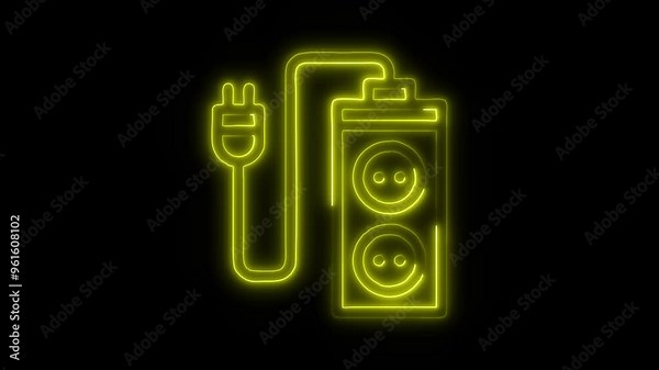 Neon Plug and Battery Icon Video HD - Glowing Electric Connection with Power Plug and Battery on Black Background Animation