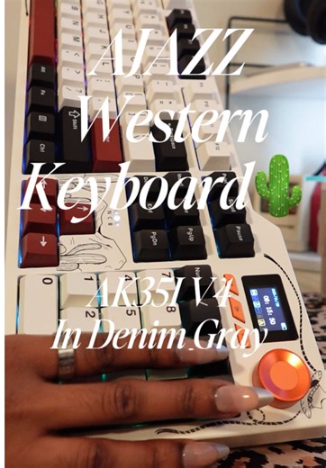 This is the AJAZZ AK35I V4! But it gives a cowboy x western vibe🌵🤠! @AJAZZ Keyboard It comes with so many features like a lcd screen, full keyboard layout, creamy switches, and a media knob! Perfect for gaming, working, or everyday life! #keyboard #asmr #gaming #tech #fyp