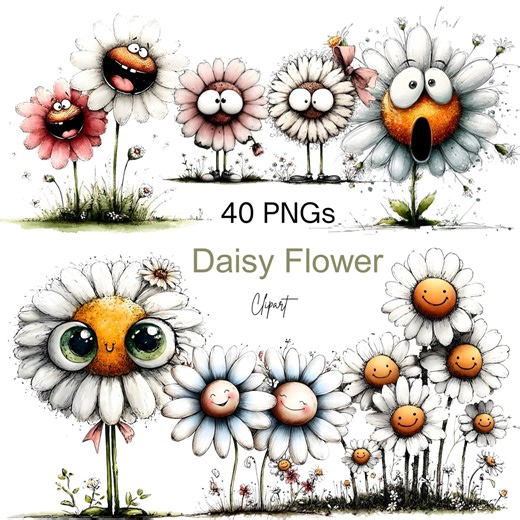 Daisy Flower Clipart Bundle Funny Cartoon Floral PNG Sublimation Graphics Digital Download Daisy Art - Etsy