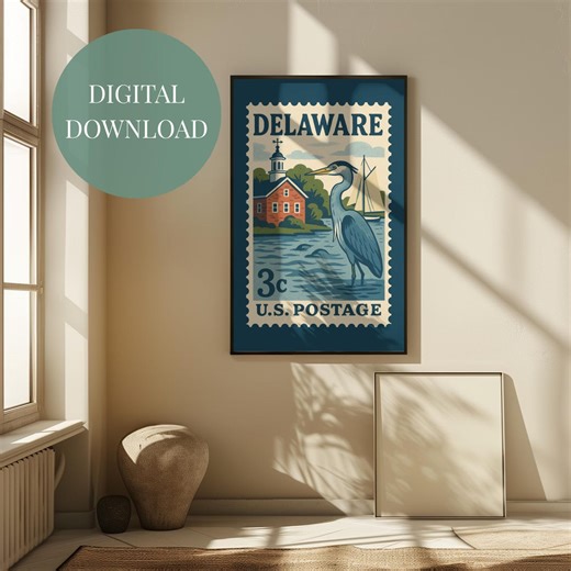 Printable Delaware Vintage Postage Stamp Art | Digital Download | Coastal Heron Harbor | Instant Google Drive Link (PNG | JPG) - Etsy