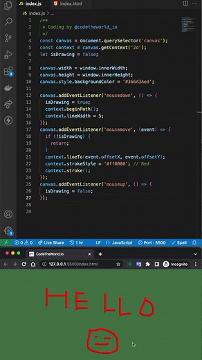 How to make a simple Drawing app with only HTML and Javascript? #shorts #javascript #trending #random #tutorial #programming #short #codetheworld #beginners #vanilla #drawing